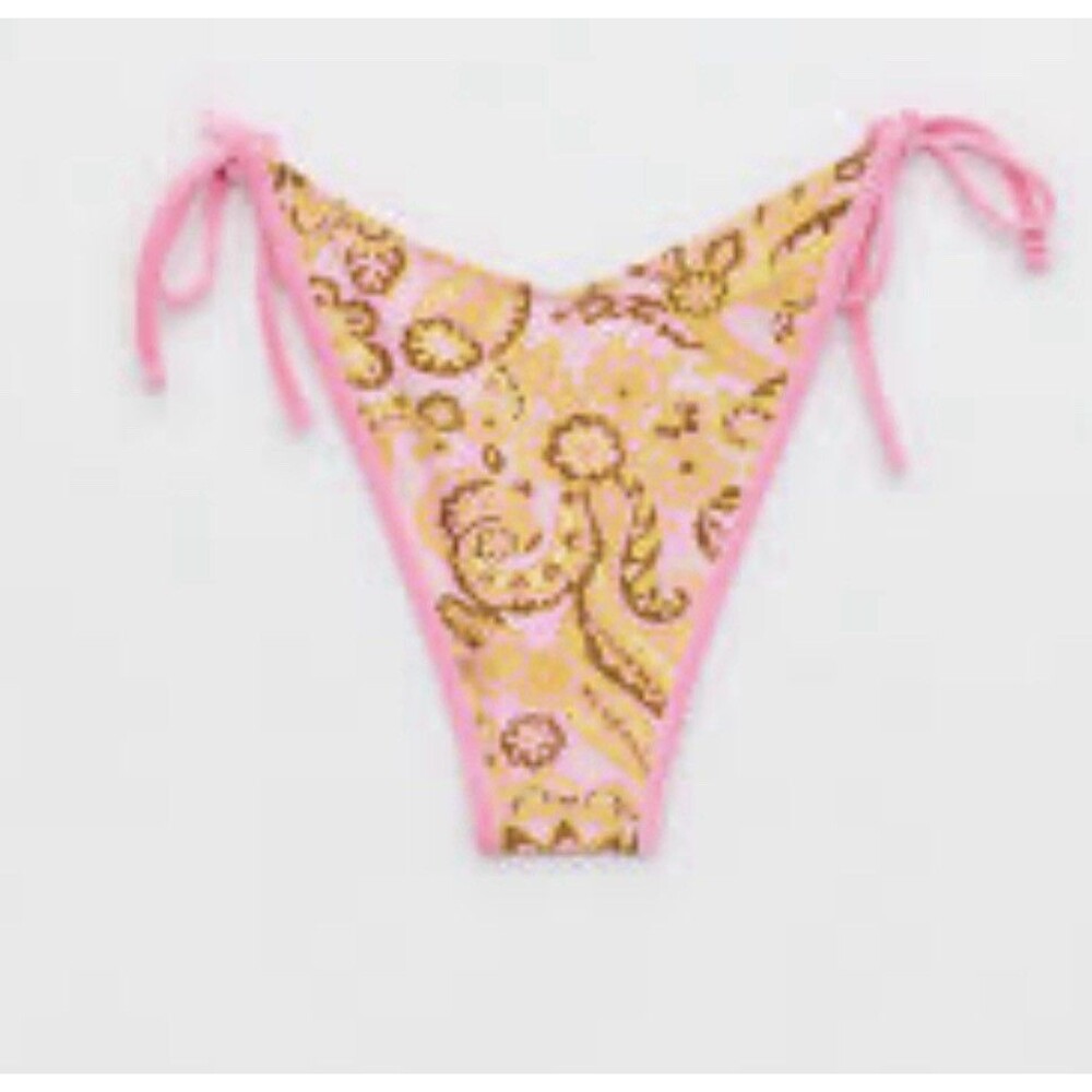 Aerie New Low Rise Cheekiest Velvet  Tie Bikini Bottom Pink  Brown Size S  NWT